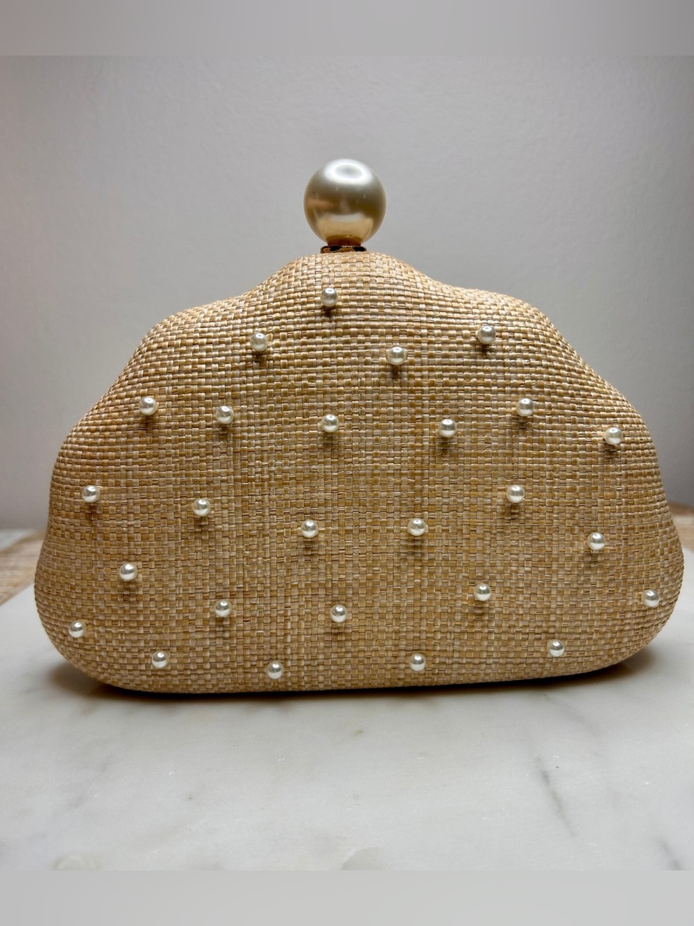 NWT Pearl-Embellished Woven Clutch Bag in Natural